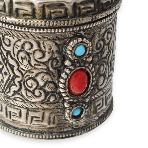 Vintage Tibetan Style Canister / Trinket Box Silver Tone Turquoise Coral Glass - Picture 5 of 6